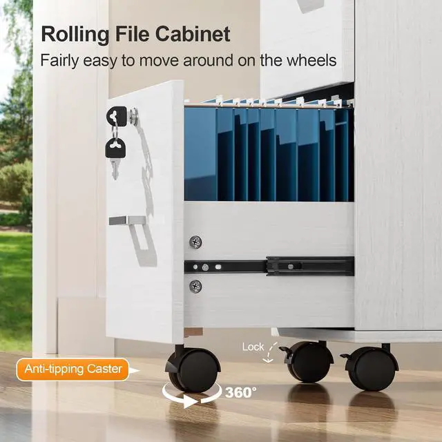 Alt view image 6 of 7 - 3-Drawer File Cabinet with Lock, Wood Rolling Filing Cabinets for Home Office, Mobile Printer Stand, Under Desk File Organizer for Letter Sized Files, 26" H(Caster Included), White