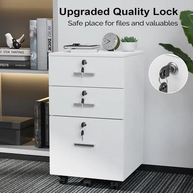 Alt view image 5 of 7 - 3-Drawer File Cabinet with Lock, Wood Rolling Filing Cabinets for Home Office, Mobile Printer Stand, Under Desk File Organizer for Letter Sized Files, 26" H(Caster Included), White