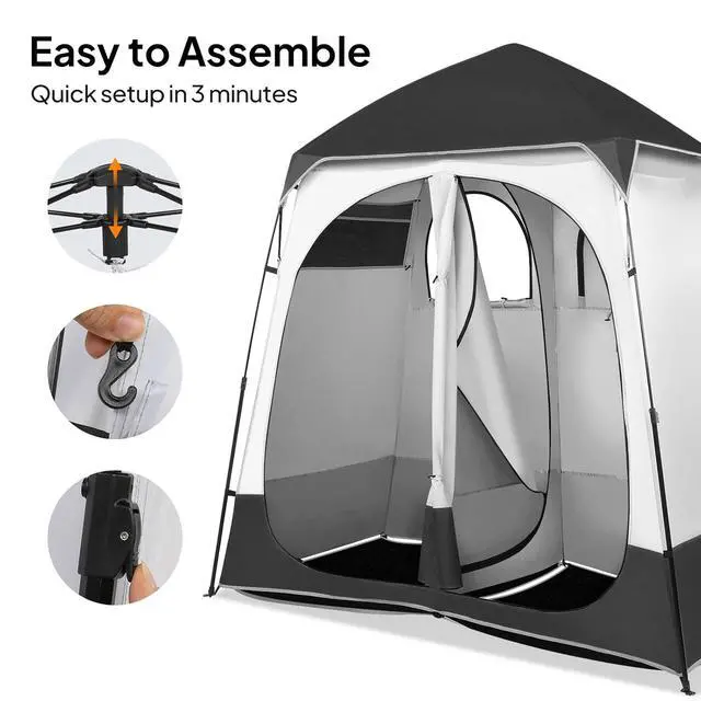 Alt view image 5 of 7 - 2 Room Shower Tent, 7.5 FT Instant Pop Up Shelter with Carrying Bag, Privacy Changing Room Tent,Perfect for Portable Toilet, Camping, Dressing, Outdoor Indoor, Easy Set Up (Black)