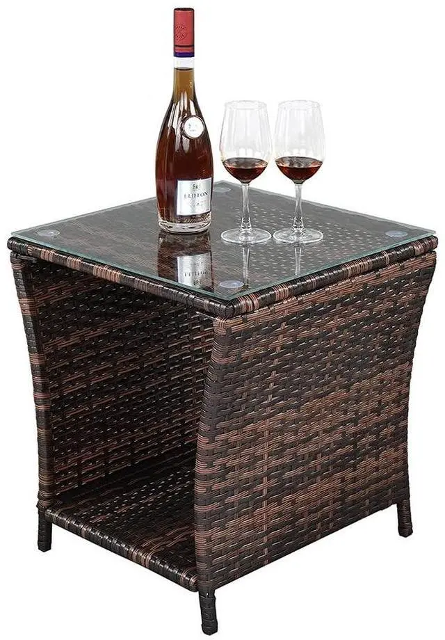 Main image of Outdoor Wicker Side Table Patio Side Tables for Outside, Tempered Glass Top Wicker Table with Storage End Table for Balcony Porch Deck (Brown)