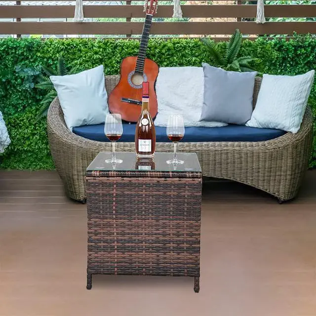Alt view image 7 of 7 - Outdoor Wicker Side Table Patio Side Tables for Outside, Tempered Glass Top Wicker Table with Storage End Table for Balcony Porch Deck (Brown)