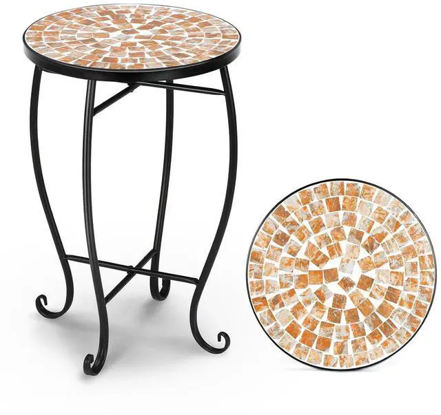 Main image of Mosaic Outdoor Side Table, 14" Round End Table, Accent Table, Plant Stand Ideal for Pool Side, Porch, Patio, Deck or Sofa Side, Glass Top Black Iron, Golden Backyard