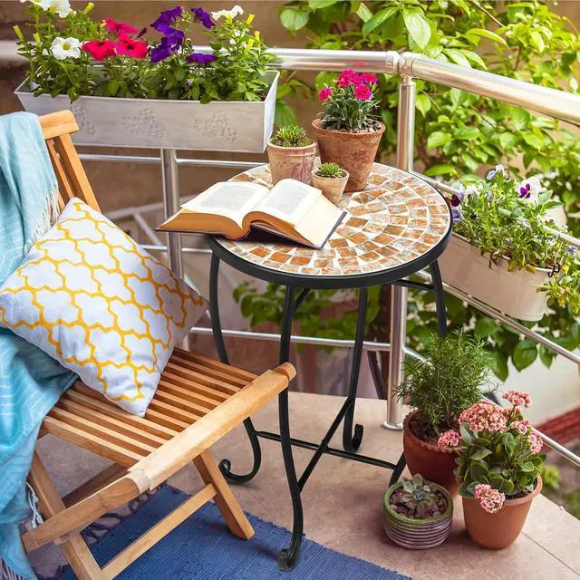 Alt view image 2 of 7 - Mosaic Outdoor Side Table, 14" Round End Table, Accent Table, Plant Stand Ideal for Pool Side, Porch, Patio, Deck or Sofa Side, Glass Top Black Iron, Golden Backyard
