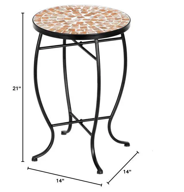 Alt view image 3 of 7 - Mosaic Outdoor Side Table, 14" Round End Table, Accent Table, Plant Stand Ideal for Pool Side, Porch, Patio, Deck or Sofa Side, Glass Top Black Iron, Golden Backyard