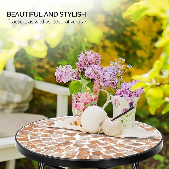 Alt view image 4 of 7 - Mosaic Outdoor Side Table, 14" Round End Table, Accent Table, Plant Stand Ideal for Pool Side, Porch, Patio, Deck or Sofa Side, Glass Top Black Iron, Golden Backyard