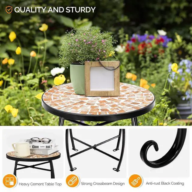Alt view image 5 of 7 - Mosaic Outdoor Side Table, 14" Round End Table, Accent Table, Plant Stand Ideal for Pool Side, Porch, Patio, Deck or Sofa Side, Glass Top Black Iron, Golden Backyard