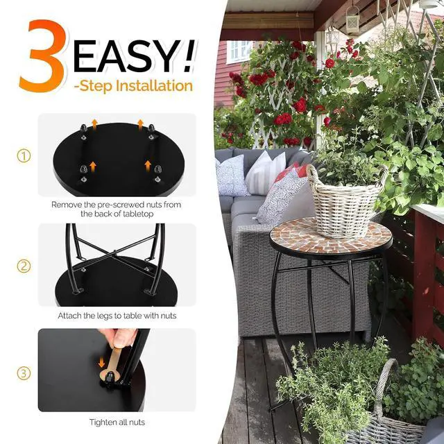 Alt view image 6 of 7 - Mosaic Outdoor Side Table, 14" Round End Table, Accent Table, Plant Stand Ideal for Pool Side, Porch, Patio, Deck or Sofa Side, Glass Top Black Iron, Golden Backyard