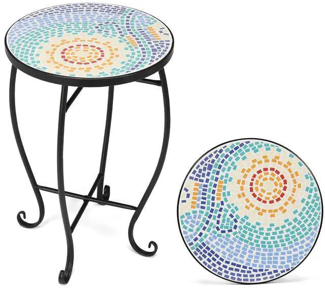 Main image of Mosaic Accent Table, 14" Round Side Table,End Table, Plant Stand Decor for Patio Porch Beach Theme Balcony Back Deck Pool Indoor Outdoor Coffee, Metal Cobalt Glass Top Black Iron(Blue Hawaii)