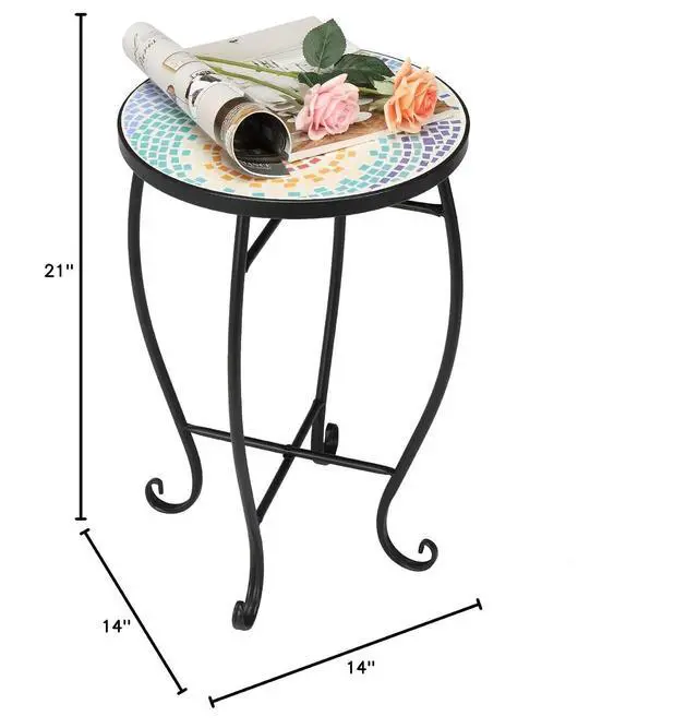 Alt view image 3 of 7 - Mosaic Accent Table, 14" Round Side Table,End Table, Plant Stand Decor for Patio Porch Beach Theme Balcony Back Deck Pool Indoor Outdoor Coffee, Metal Cobalt Glass Top Black Iron(Blue Hawaii)