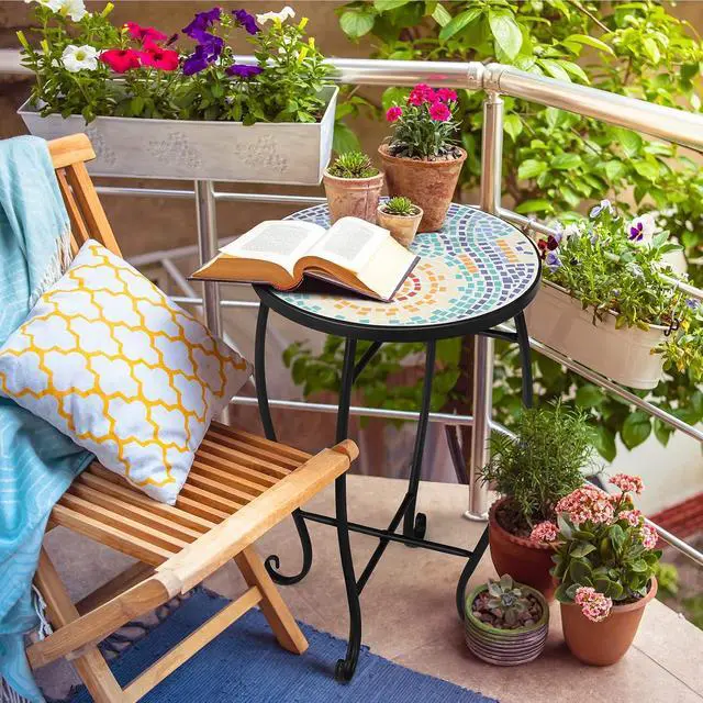Alt view image 2 of 7 - Mosaic Accent Table, 14" Round Side Table,End Table, Plant Stand Decor for Patio Porch Beach Theme Balcony Back Deck Pool Indoor Outdoor Coffee, Metal Cobalt Glass Top Black Iron(Blue Hawaii)