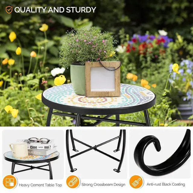 Alt view image 5 of 7 - Mosaic Accent Table, 14" Round Side Table,End Table, Plant Stand Decor for Patio Porch Beach Theme Balcony Back Deck Pool Indoor Outdoor Coffee, Metal Cobalt Glass Top Black Iron(Blue Hawaii)