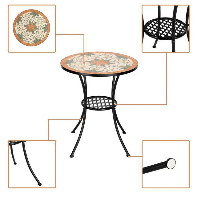 Alt view image 4 of 6 - Garden Patio Mosaic Table, Outdoor Bistro, Black Iron Frame, 23.6" Round End Table, Accent Table (Does not Include Chairs)