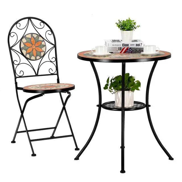 Alt view image 5 of 6 - Garden Patio Mosaic Table, Outdoor Bistro, Black Iron Frame, 23.6" Round End Table, Accent Table (Does not Include Chairs)