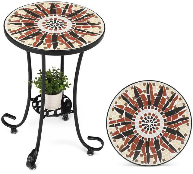 Main image of Mosaic Outdoor Side Table, 14" Round End Table, Accent Table, Ceramic Tile Top Black Iron,Brown Flower