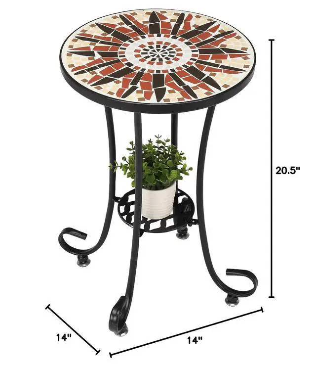 Alt view image 3 of 7 - Mosaic Outdoor Side Table, 14" Round End Table, Accent Table, Ceramic Tile Top Black Iron,Brown Flower