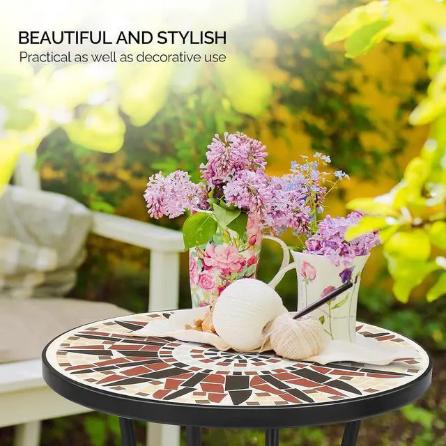 Alt view image 4 of 7 - Mosaic Outdoor Side Table, 14" Round End Table, Accent Table, Ceramic Tile Top Black Iron,Brown Flower