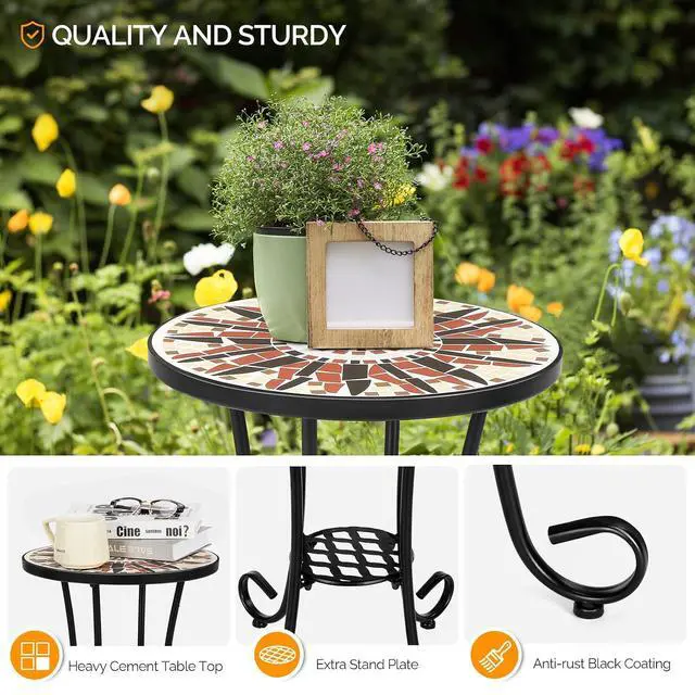 Alt view image 5 of 7 - Mosaic Outdoor Side Table, 14" Round End Table, Accent Table, Ceramic Tile Top Black Iron,Brown Flower