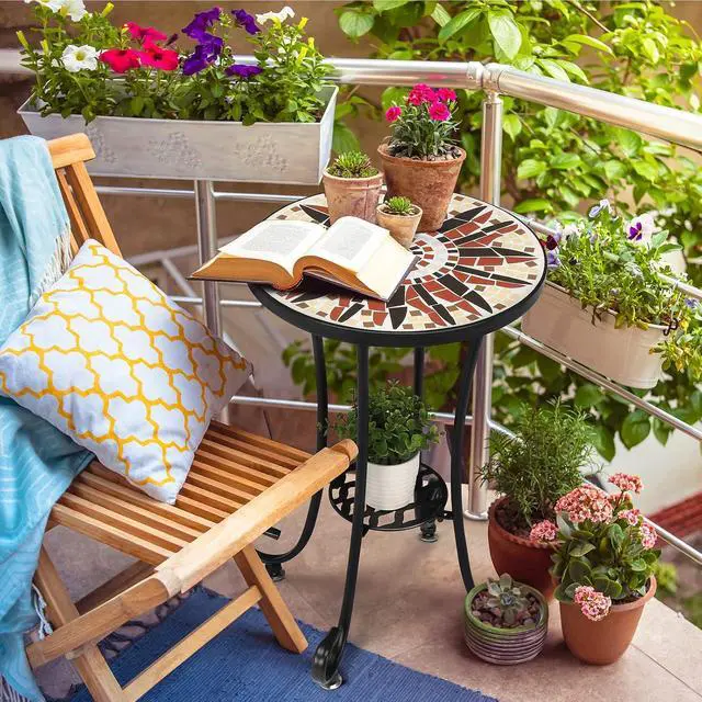 Alt view image 2 of 7 - Mosaic Outdoor Side Table, 14" Round End Table, Accent Table, Ceramic Tile Top Black Iron,Brown Flower