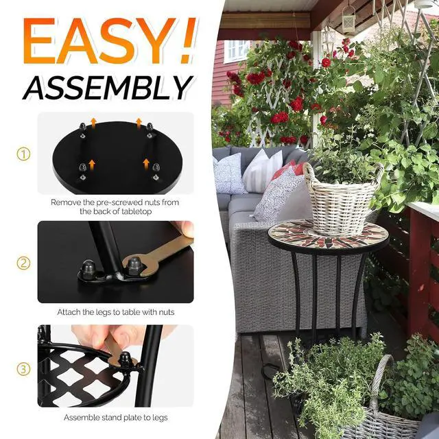 Alt view image 6 of 7 - Mosaic Outdoor Side Table, 14" Round End Table, Accent Table, Ceramic Tile Top Black Iron,Brown Flower
