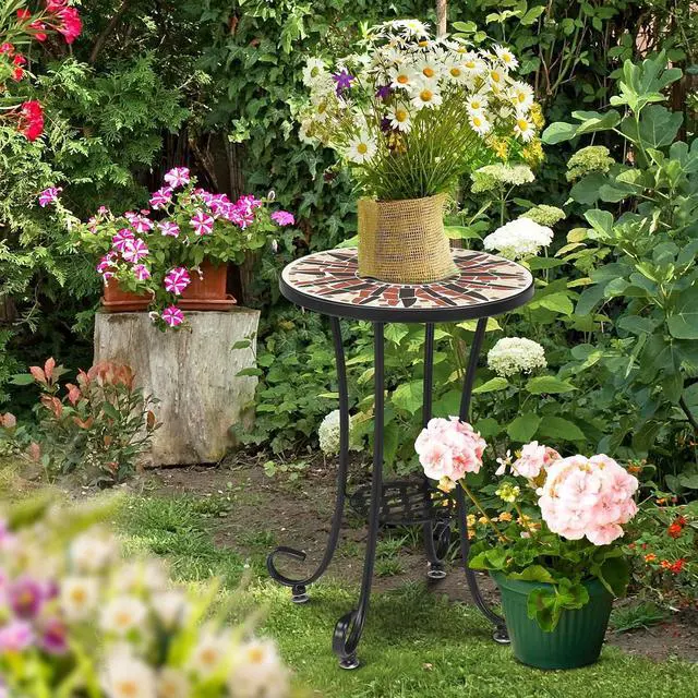 Alt view image 7 of 7 - Mosaic Outdoor Side Table, 14" Round End Table, Accent Table, Ceramic Tile Top Black Iron,Brown Flower