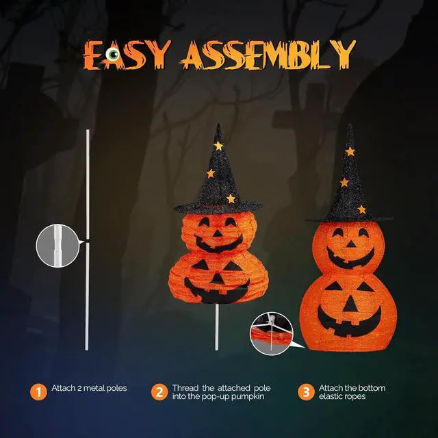Alt view image 3 of 6 - 3FT Cute Collapsible Lighted Halloween Decorations Outdoor, Pop Up Halloween Pumpkin Decorations,2 Packs Light Up Pumpkin with Pre-lit 150 LEDs, for Porch Yard Lawn Patio(2PCS)