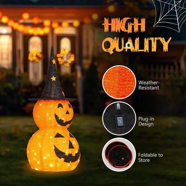 Alt view image 4 of 6 - 3FT Cute Collapsible Lighted Halloween Decorations Outdoor, Pop Up Halloween Pumpkin Decorations,2 Packs Light Up Pumpkin with Pre-lit 150 LEDs, for Porch Yard Lawn Patio(2PCS)