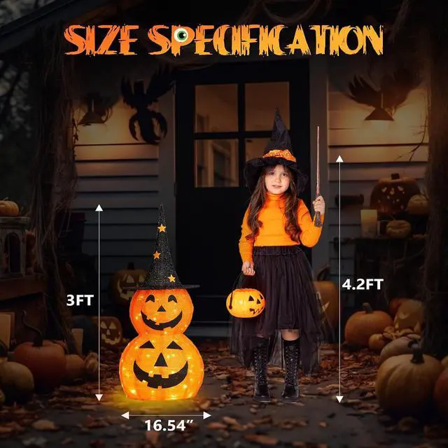 Alt view image 2 of 6 - 3FT Cute Collapsible Lighted Halloween Decorations Outdoor, Pop Up Halloween Pumpkin Decorations,2 Packs Light Up Pumpkin with Pre-lit 150 LEDs, for Porch Yard Lawn Patio(2PCS)
