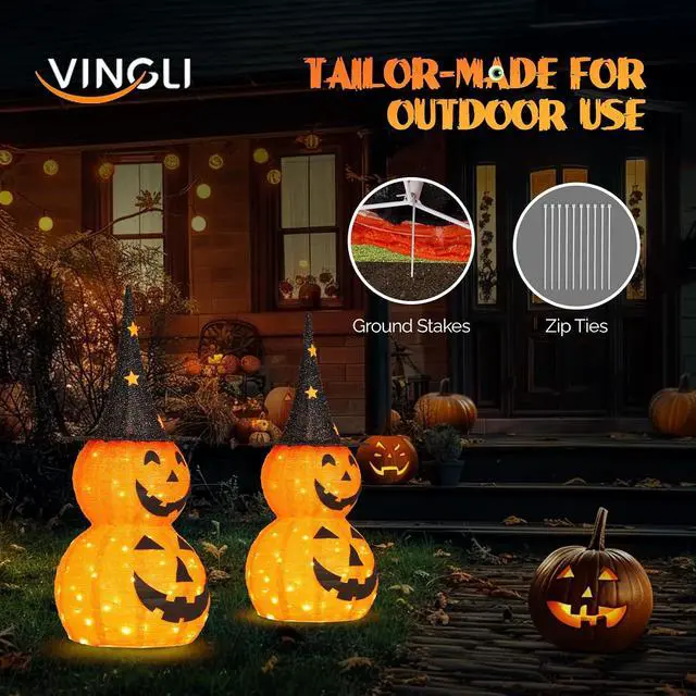Alt view image 5 of 6 - 3FT Cute Collapsible Lighted Halloween Decorations Outdoor, Pop Up Halloween Pumpkin Decorations,2 Packs Light Up Pumpkin with Pre-lit 150 LEDs, for Porch Yard Lawn Patio(2PCS)