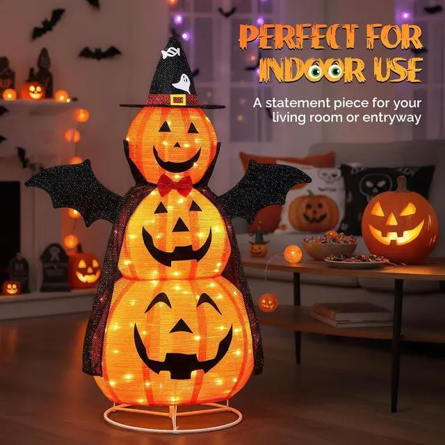 Alt view image 3 of 7 - 5 FT Cute Halloween Decorations Outdoor, Pop Up Collapsible Pumpkin Decorations, Light up Stacked Pumpkins with Pre-lit 130 LEDs for Front Porch, Yard, Lawn, Patio, Garden, Home Party Decor