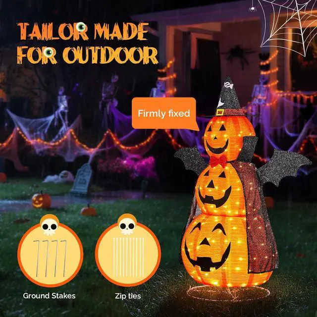 Alt view image 2 of 7 - 5 FT Cute Halloween Decorations Outdoor, Pop Up Collapsible Pumpkin Decorations, Light up Stacked Pumpkins with Pre-lit 130 LEDs for Front Porch, Yard, Lawn, Patio, Garden, Home Party Decor