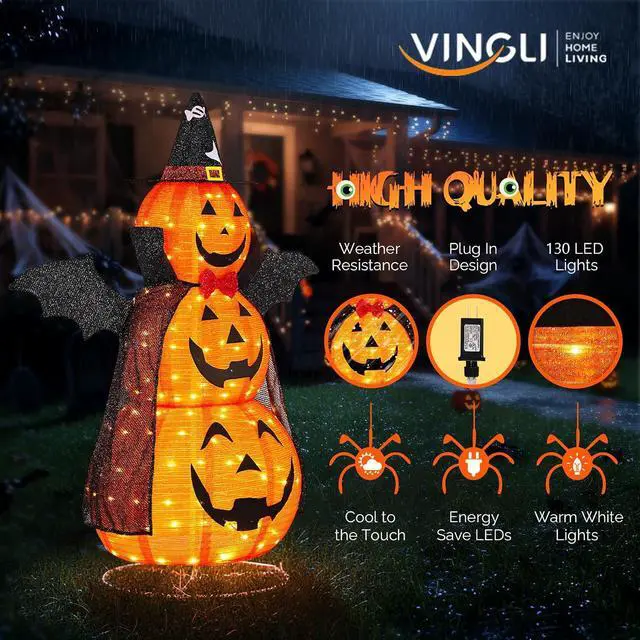 Alt view image 5 of 7 - 5 FT Cute Halloween Decorations Outdoor, Pop Up Collapsible Pumpkin Decorations, Light up Stacked Pumpkins with Pre-lit 130 LEDs for Front Porch, Yard, Lawn, Patio, Garden, Home Party Decor