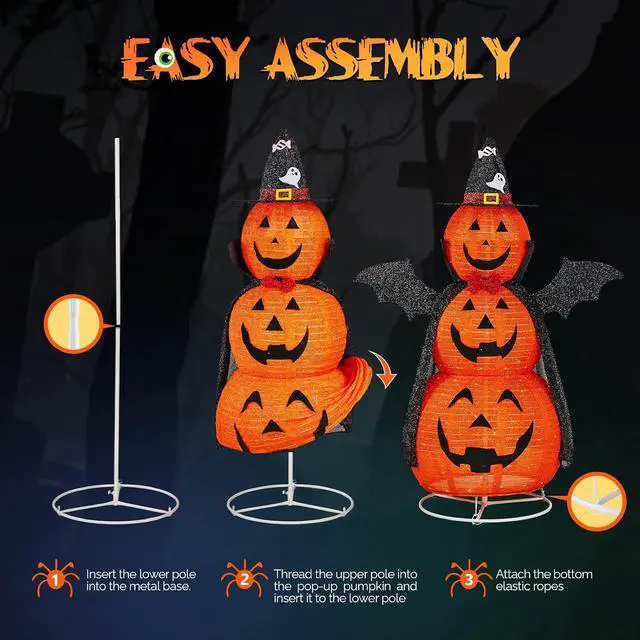 Alt view image 6 of 7 - 5 FT Cute Halloween Decorations Outdoor, Pop Up Collapsible Pumpkin Decorations, Light up Stacked Pumpkins with Pre-lit 130 LEDs for Front Porch, Yard, Lawn, Patio, Garden, Home Party Decor