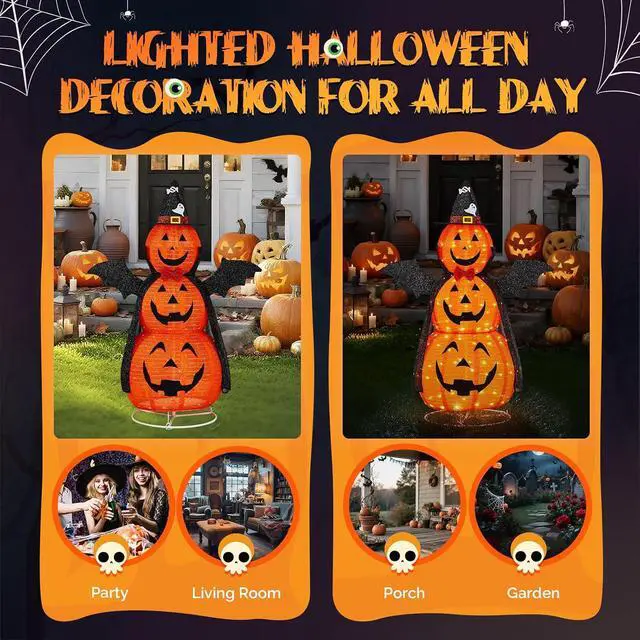 Alt view image 7 of 7 - 5 FT Cute Halloween Decorations Outdoor, Pop Up Collapsible Pumpkin Decorations, Light up Stacked Pumpkins with Pre-lit 130 LEDs for Front Porch, Yard, Lawn, Patio, Garden, Home Party Decor