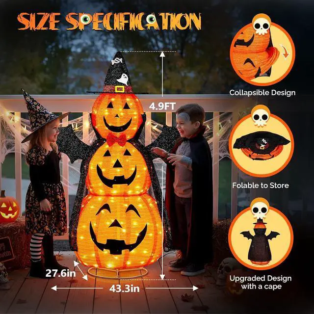 Alt view image 4 of 7 - 5 FT Cute Halloween Decorations Outdoor, Pop Up Collapsible Pumpkin Decorations, Light up Stacked Pumpkins with Pre-lit 130 LEDs for Front Porch, Yard, Lawn, Patio, Garden, Home Party Decor