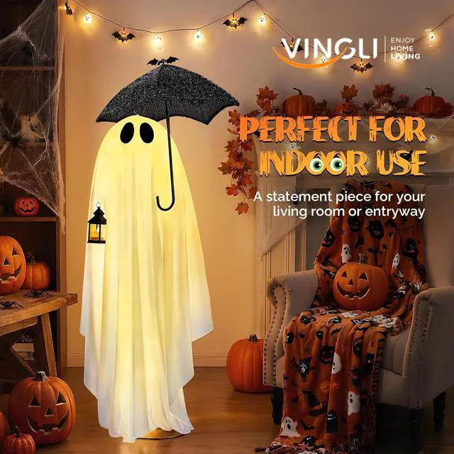 Alt view image 2 of 7 - 5 FT Cute Halloween Decorations Outdoor Ghost Decorations, Light Up Halloween Ghost Decor with Pre-lit 100 LEDs for Front Porch, Yard, Lawn, Patio, Garden, Home Party Decor