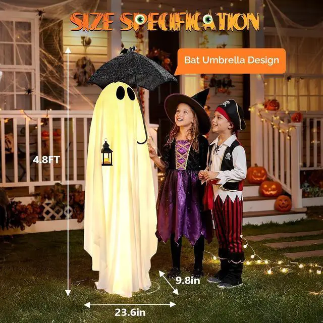 Alt view image 3 of 7 - 5 FT Cute Halloween Decorations Outdoor Ghost Decorations, Light Up Halloween Ghost Decor with Pre-lit 100 LEDs for Front Porch, Yard, Lawn, Patio, Garden, Home Party Decor