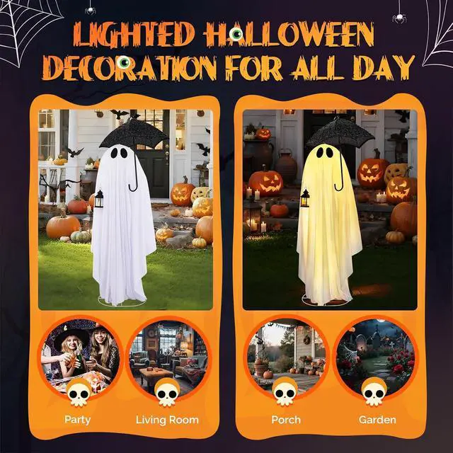 Alt view image 5 of 7 - 5 FT Cute Halloween Decorations Outdoor Ghost Decorations, Light Up Halloween Ghost Decor with Pre-lit 100 LEDs for Front Porch, Yard, Lawn, Patio, Garden, Home Party Decor