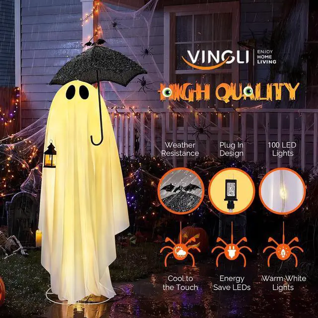 Alt view image 4 of 7 - 5 FT Cute Halloween Decorations Outdoor Ghost Decorations, Light Up Halloween Ghost Decor with Pre-lit 100 LEDs for Front Porch, Yard, Lawn, Patio, Garden, Home Party Decor
