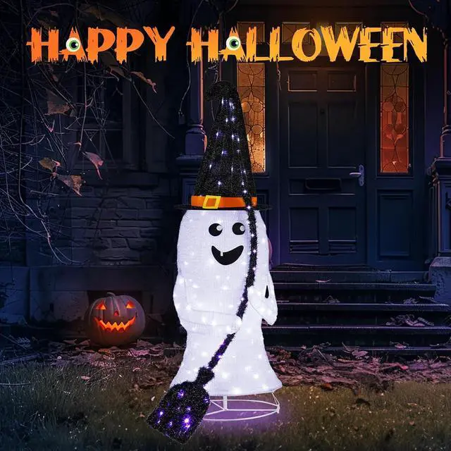 Alt view image 2 of 7 - 4FT Scary Lighted Halloween Decorations Outdoor, Pop Up Halloween Ghost Decorations, Light Up Ghost Decor with Pre-lit 135 LEDs, Cute Broom, Black Hat for Porch Yard Lawn Patio