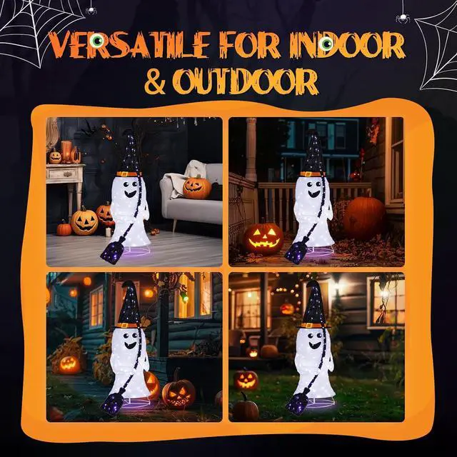 Alt view image 3 of 7 - 4FT Scary Lighted Halloween Decorations Outdoor, Pop Up Halloween Ghost Decorations, Light Up Ghost Decor with Pre-lit 135 LEDs, Cute Broom, Black Hat for Porch Yard Lawn Patio