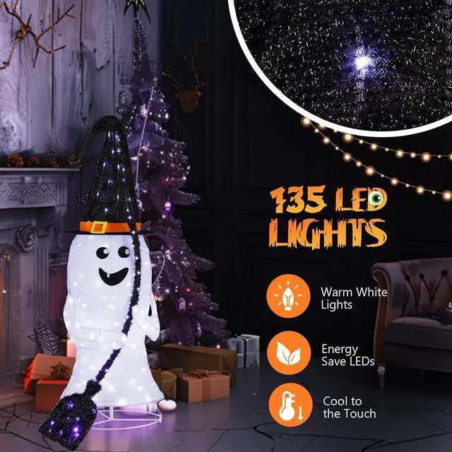 Alt view image 4 of 7 - 4FT Scary Lighted Halloween Decorations Outdoor, Pop Up Halloween Ghost Decorations, Light Up Ghost Decor with Pre-lit 135 LEDs, Cute Broom, Black Hat for Porch Yard Lawn Patio