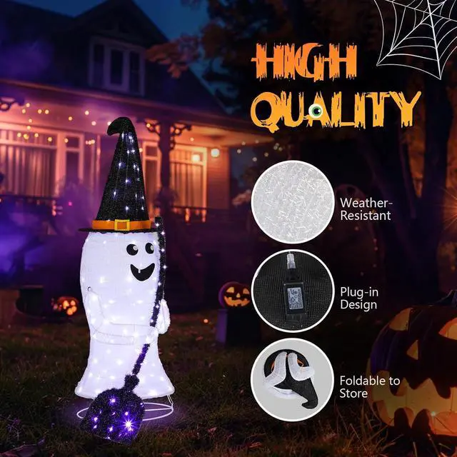 Alt view image 5 of 7 - 4FT Scary Lighted Halloween Decorations Outdoor, Pop Up Halloween Ghost Decorations, Light Up Ghost Decor with Pre-lit 135 LEDs, Cute Broom, Black Hat for Porch Yard Lawn Patio