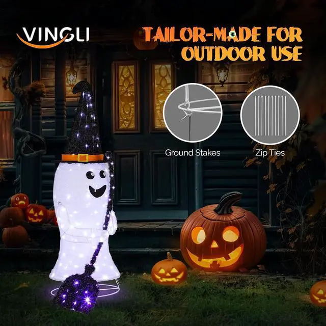Alt view image 6 of 7 - 4FT Scary Lighted Halloween Decorations Outdoor, Pop Up Halloween Ghost Decorations, Light Up Ghost Decor with Pre-lit 135 LEDs, Cute Broom, Black Hat for Porch Yard Lawn Patio