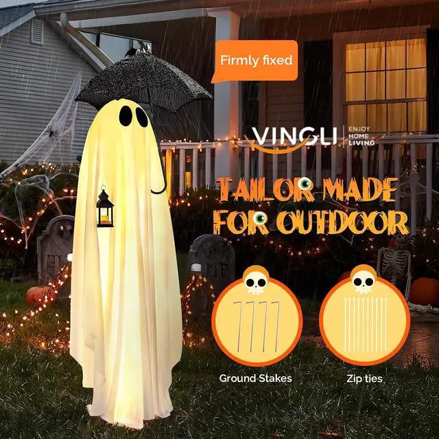 Alt view image 7 of 7 - 5 FT Cute Halloween Decorations Outdoor Ghost Decorations, Light Up Halloween Ghost Decor with Pre-lit 100 LEDs for Front Porch, Yard, Lawn, Patio, Garden, Home Party Decor