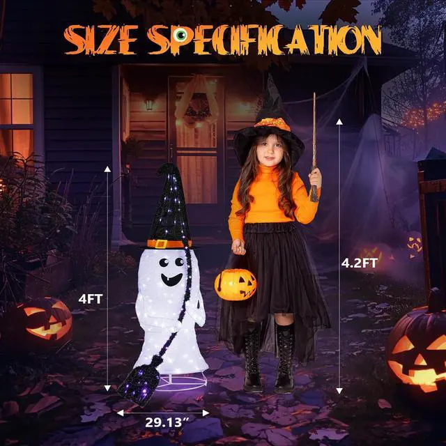 Alt view image 7 of 7 - 4FT Scary Lighted Halloween Decorations Outdoor, Pop Up Halloween Ghost Decorations, Light Up Ghost Decor with Pre-lit 135 LEDs, Cute Broom, Black Hat for Porch Yard Lawn Patio