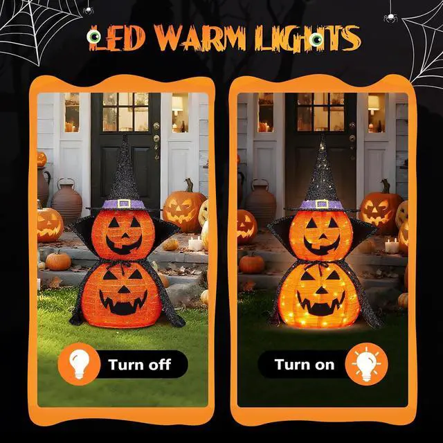 Alt view image 6 of 7 - 3FT Cute Collapsible Lighted Halloween Decorations Outdoor, Pop Up Halloween Pumpkin Decorations, Light Up Pumpkin Cape with Pre-lit 150 LEDs, Jack-O-Lantern for Porch Yard Lawn Patio (2PCS)