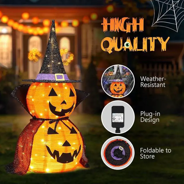 Alt view image 2 of 7 - 3FT Cute Collapsible Lighted Halloween Decorations Outdoor, Pop Up Halloween Pumpkin Decorations, Light Up Pumpkin Cape with Pre-lit 150 LEDs, Jack-O-Lantern for Porch Yard Lawn Patio (2PCS)