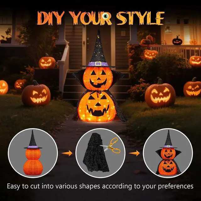 Alt view image 3 of 7 - 3FT Cute Collapsible Lighted Halloween Decorations Outdoor, Pop Up Halloween Pumpkin Decorations, Light Up Pumpkin Cape with Pre-lit 150 LEDs, Jack-O-Lantern for Porch Yard Lawn Patio (2PCS)
