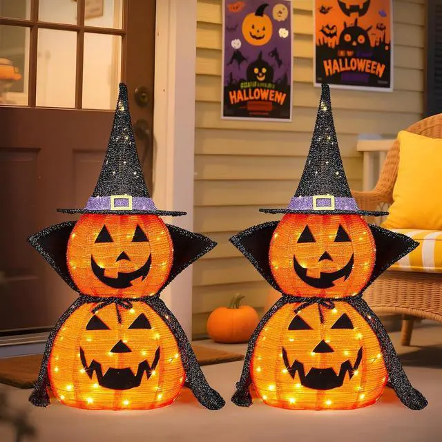 Main image of 3FT Cute Collapsible Lighted Halloween Decorations Outdoor, Pop Up Halloween Pumpkin Decorations, Light Up Pumpkin Cape with Pre-lit 150 LEDs, Jack-O-Lantern for Porch Yard Lawn Patio (2PCS)