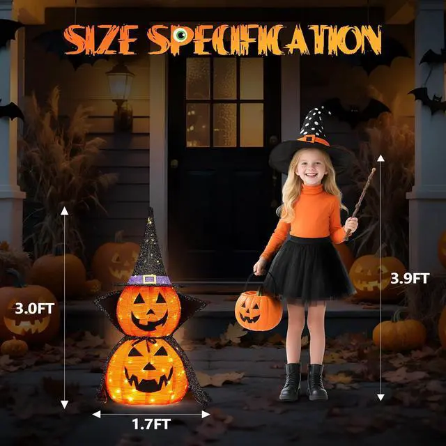 Alt view image 4 of 7 - 3FT Cute Collapsible Lighted Halloween Decorations Outdoor, Pop Up Halloween Pumpkin Decorations, Light Up Pumpkin Cape with Pre-lit 150 LEDs, Jack-O-Lantern for Porch Yard Lawn Patio (2PCS)